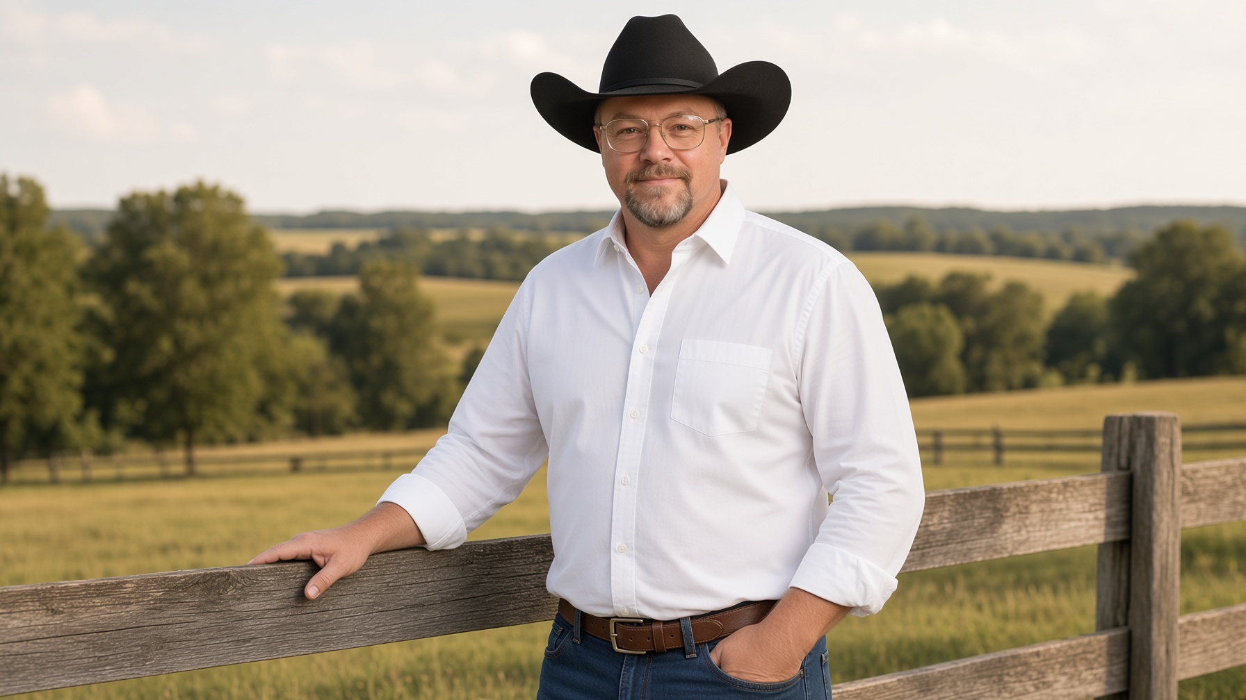 Chad Sanders at an Alabama fence in white shirt, countryside behind him